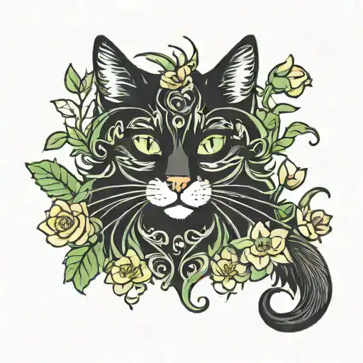 long haired black cat, green eyes, framed in flowers tattoo design idea