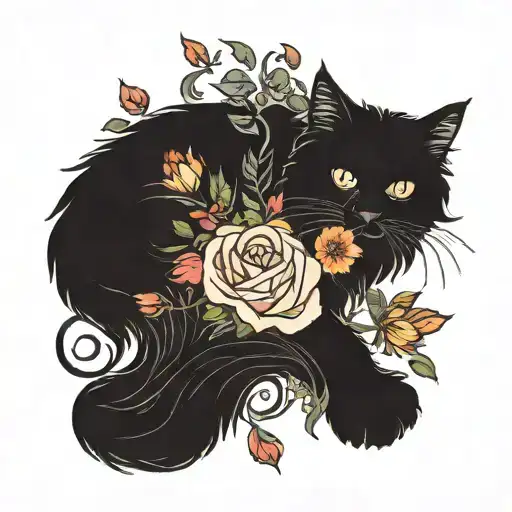 black  Maine coon surrounded by floral accents   tattoo design idea