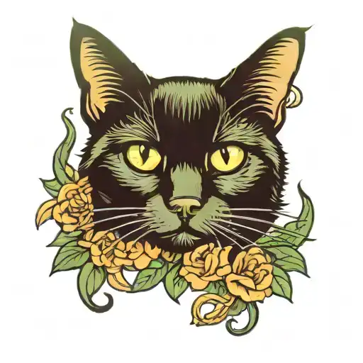 black cat with green eyes surrounded by floral frame  tattoo design idea