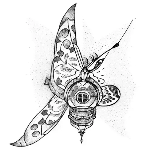 A dotwork tattoo of a spaceship soaring through a sky filled with colorful butterflies, symbolizing the dream of exploration tattoo design idea