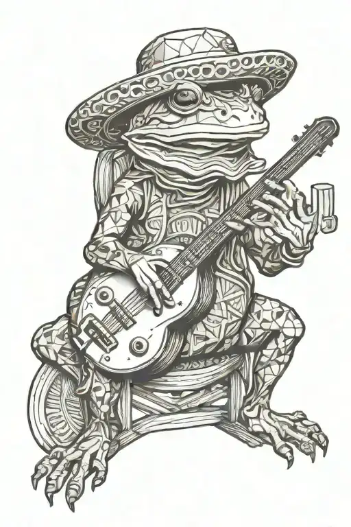 bullfrog with a straw hat on playing banjo and sitting in rocking chair  tattoo design idea