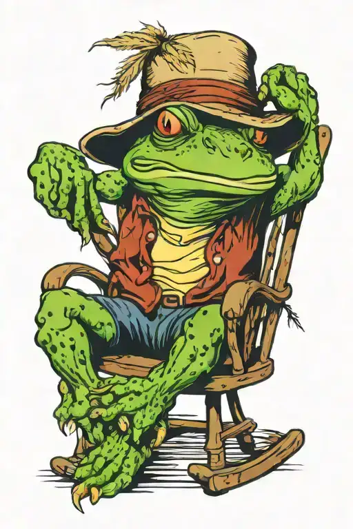 bullfrog sitting in rocking chair with straw hat on  tattoo design idea