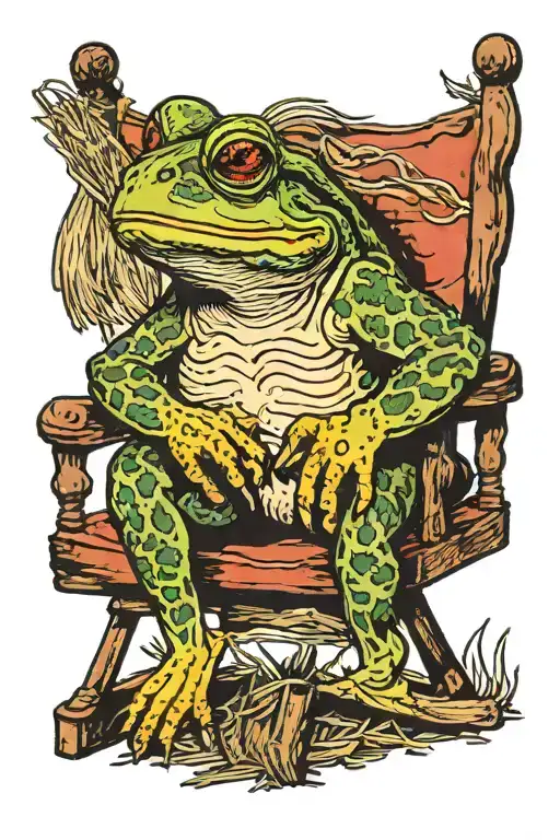 country bullfrog sitting in rocking chair chewing on hay tattoo design idea