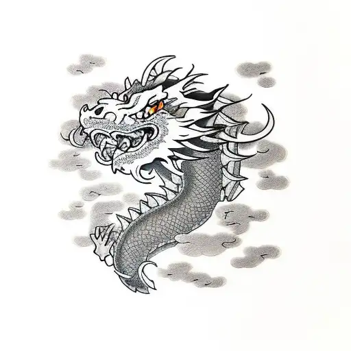 Dragon with wolf head, flowers and clouds backgrownd tattoo design idea