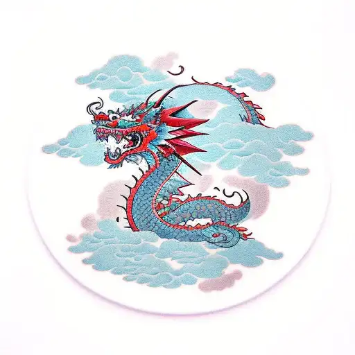 Dragon with wolf head, flowers and clouds backgrownd tattoo design idea