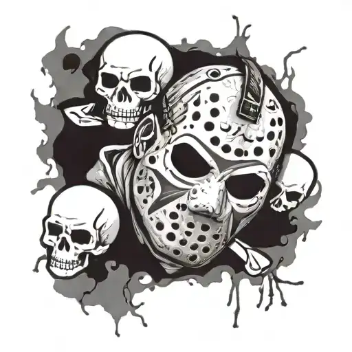 Jason Voorhees with a split mask surrounded by skulls tattoo design idea
