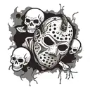 Jason Voorhees with a split mask surrounded by skulls tattoo design idea