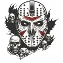 Jason Voorhees with a split mask surrounded by skulls tattoo design idea