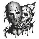 Jason Voorhees with a split mask surrounded by skulls tattoo design idea