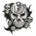 Jason Voorhees with a split mask surrounded by skulls tattoo design idea