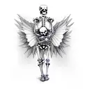 a skeleton male holding a female human. the skeleton has skeletal dragon wings which are wrapped around both of them  tattoo design idea
