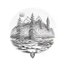 salmon, firefighter shield, mountains, trees, and a lake tattoo design idea