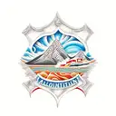 salmon, firefighter shield, mountains, trees, and a lake tattoo design idea