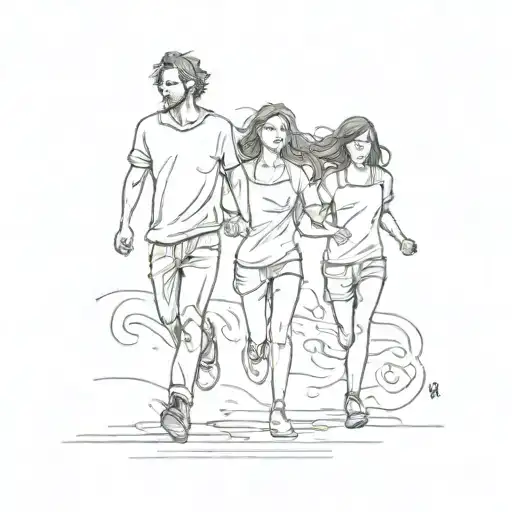 A young girl, a woman and a man are running hand in hand. no face tattoo design idea