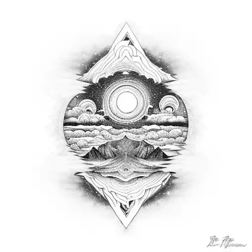 A serene beach sunset with psychedelic hippie elements tattoo design idea