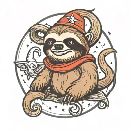 cartoon sloth with a pentagram on top of head and sloth has devil tail and horns and wings  tattoo design idea