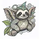 cartoon sloth with rubix cube colors with pentagram on top of head and sloth has devil tail and horns and wings  tattoo design idea