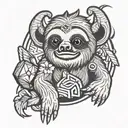 cartoon sloth with rubix cube colors with pentagram on top of head and sloth has devil tail and horns and wings  tattoo design idea
