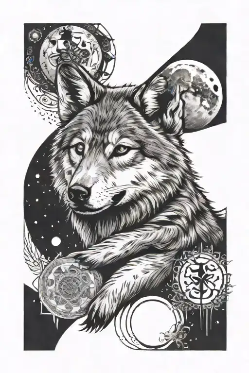 wolf cub with moon phases tattoo design idea