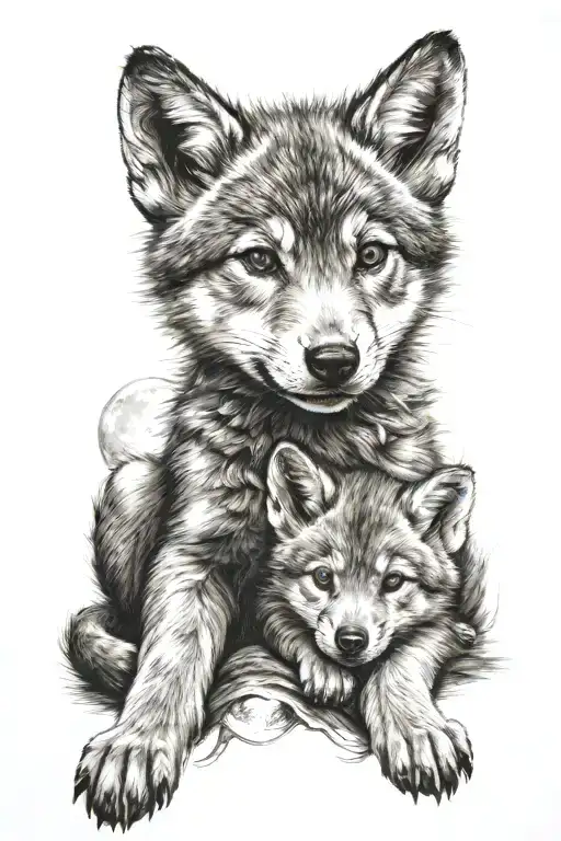wolf cub with moon merging together tattoo design idea