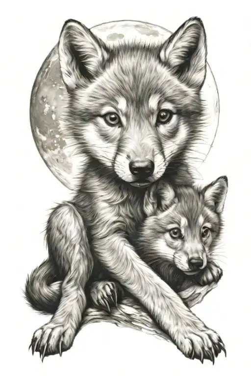 wolf cub with moon merging together symbolizing tattoo design idea