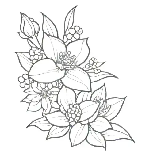 A flower buquet with narcissus, holly, peonies, chrysanthemum, daffodils and cherry blossom in black fine lines tattoo design idea