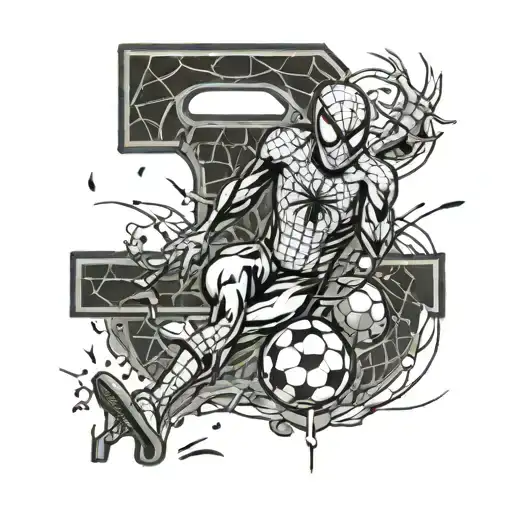 spiderman kicking a soccer ball with number 8 on his shirt while surrounded with catholic symbols  tattoo design idea