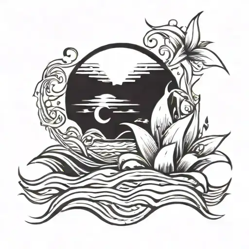 An abstract interpretation of a sunrise over the ocean with waves and a Cali Lilly tattoo design idea
