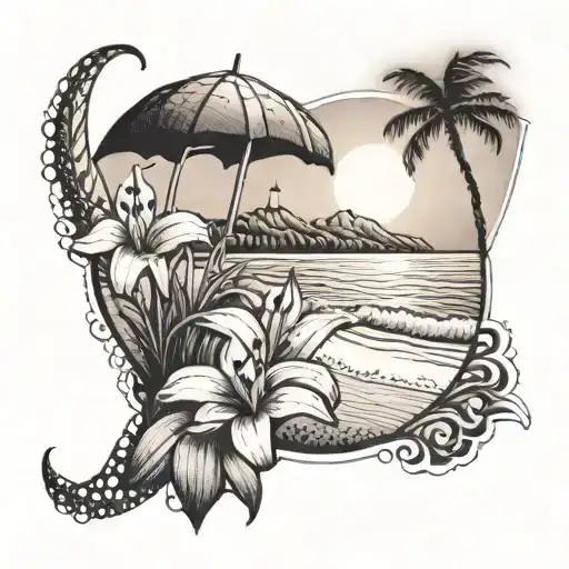 A beach scene with a sunset and a Cali Lilly blooming in the sand tattoo design idea