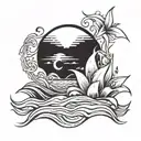 An abstract interpretation of a sunrise over the ocean with waves and a Cali Lilly tattoo design idea