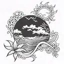 An abstract interpretation of a sunrise over the ocean with waves and a Cali Lilly tattoo design idea