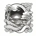 An abstract interpretation of a sunrise over the ocean with waves and a Cali Lilly tattoo design idea