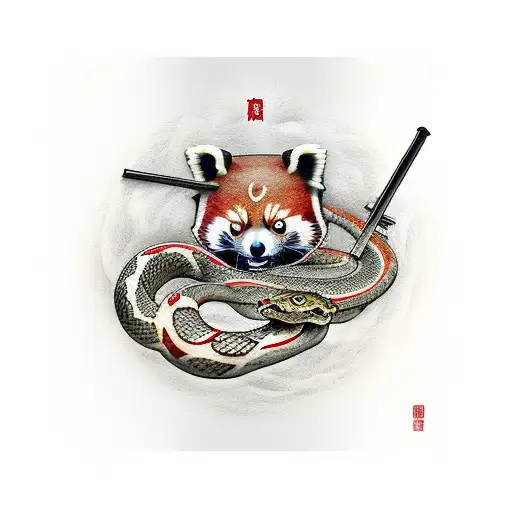 red panda dressed as a samurai and riding a snake  tattoo design idea