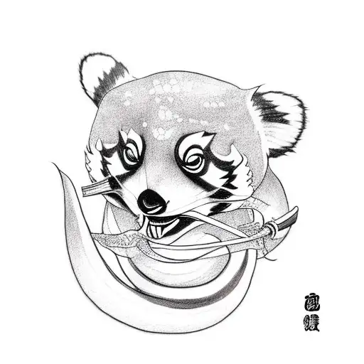 red panda dressed as a samurai riding a snake  tattoo design idea