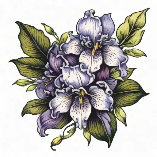 iris,clematis and sweet pea flowers tattoo design idea