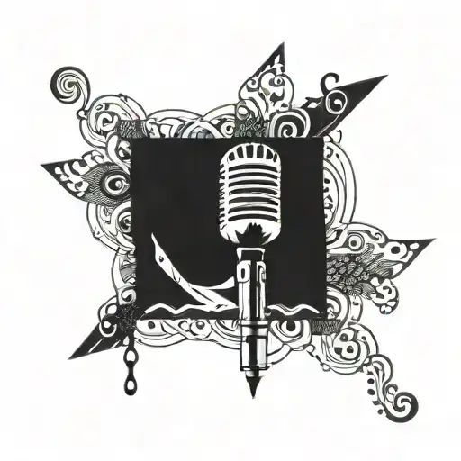 A microphone with intricate blackwork details intertwined with vinyl records and Nike swooshes tattoo design idea