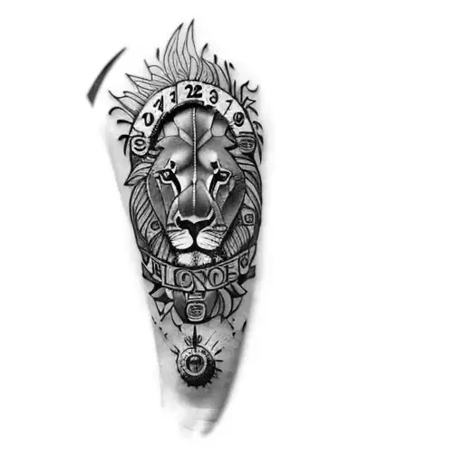 a lion with a clock tattoo design idea