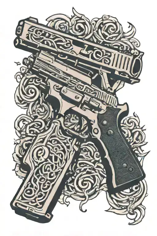 A glock pistol intertwined with musical notes and symbols tattoo design idea