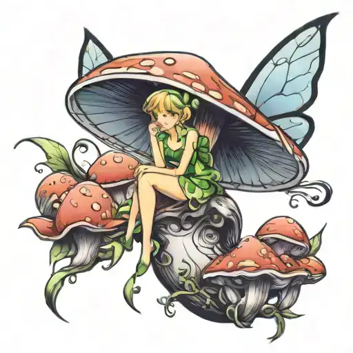 Tinkerbell sitting on a mushroom tattoo design idea