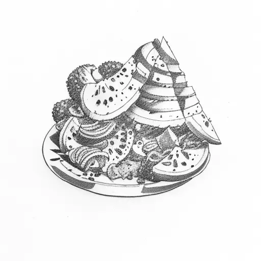 A new-school design of a caesar salad with rainbow-colored croutons and tomatoes tattoo design idea