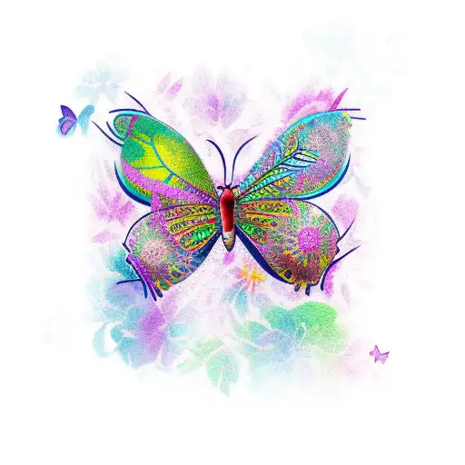 A vibrant new-school tattoo of a butterfly surrounded by a lush jungle with colorful flowers and exotic birds. tattoo design idea