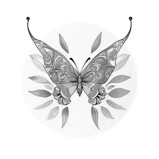 A vibrant new-school tattoo of a butterfly surrounded by a lush jungle with colorful flowers and exotic birds. tattoo design idea