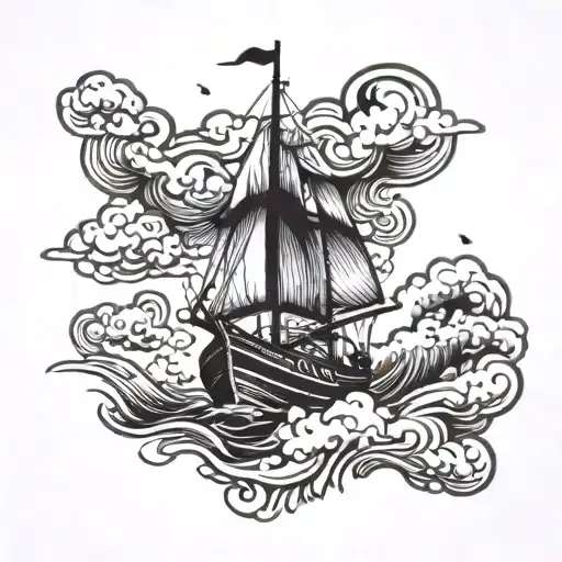Boat caught in a storm. Paw print cloud with the word "Storm" in it tattoo design idea