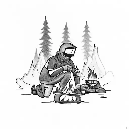A black and grey tattoo of a motorcycle rider cooking over a campfire in the wilderness, capturing the joy of both camping and motorcycling tattoo design idea