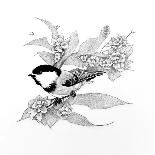 Chickadee landing on a blooming branch tattoo design idea