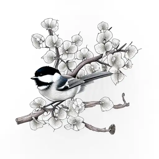Chickadee landing on a blooming branch tattoo design idea