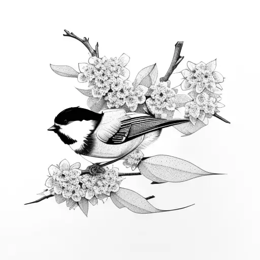 Chickadee landing on a blooming branch tattoo design idea