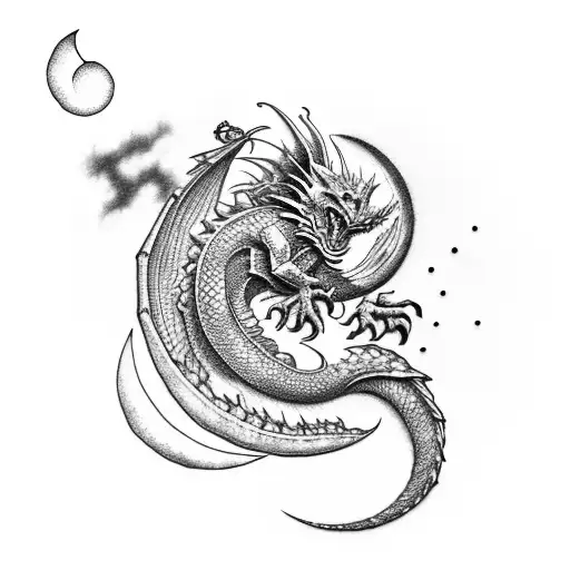 dragon with a moon for the spine tattoo design idea