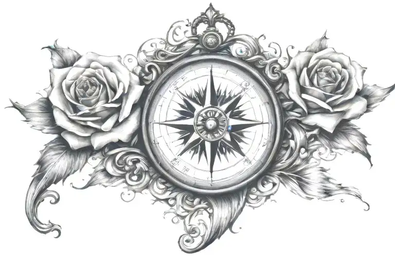 Ocean waves and rose compass rose tattoo design idea