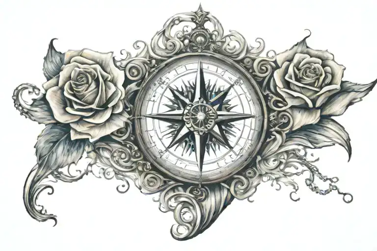 Ocean waves and rose compass rose tattoo design idea